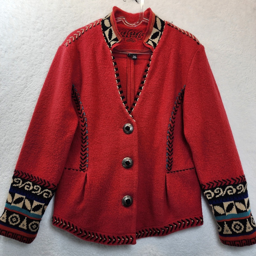 Icelandic Design‎ Wool Womens Aztec Jacket Southwestern Red Medium Artsy Indie